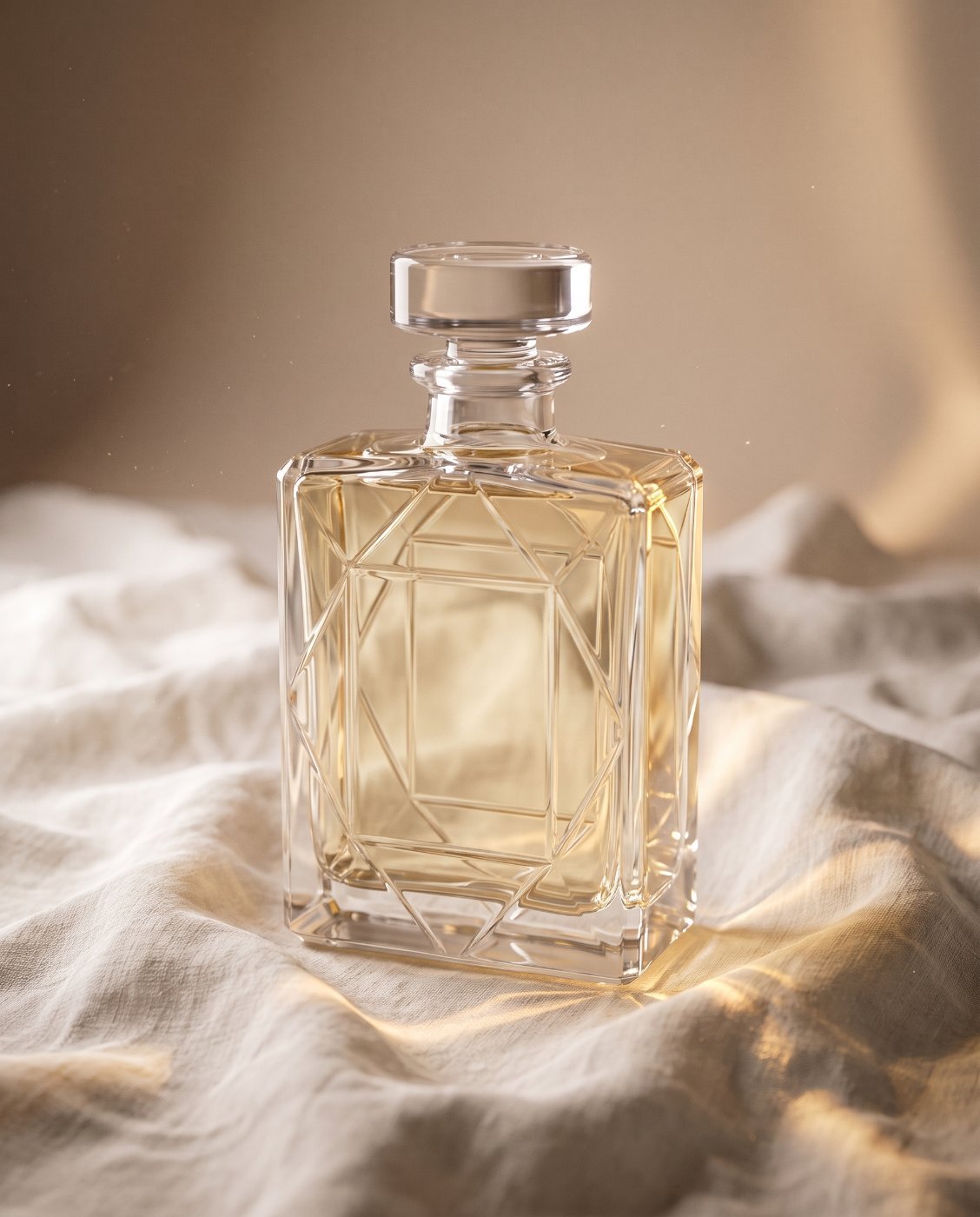 Bottle beside crumpled linen