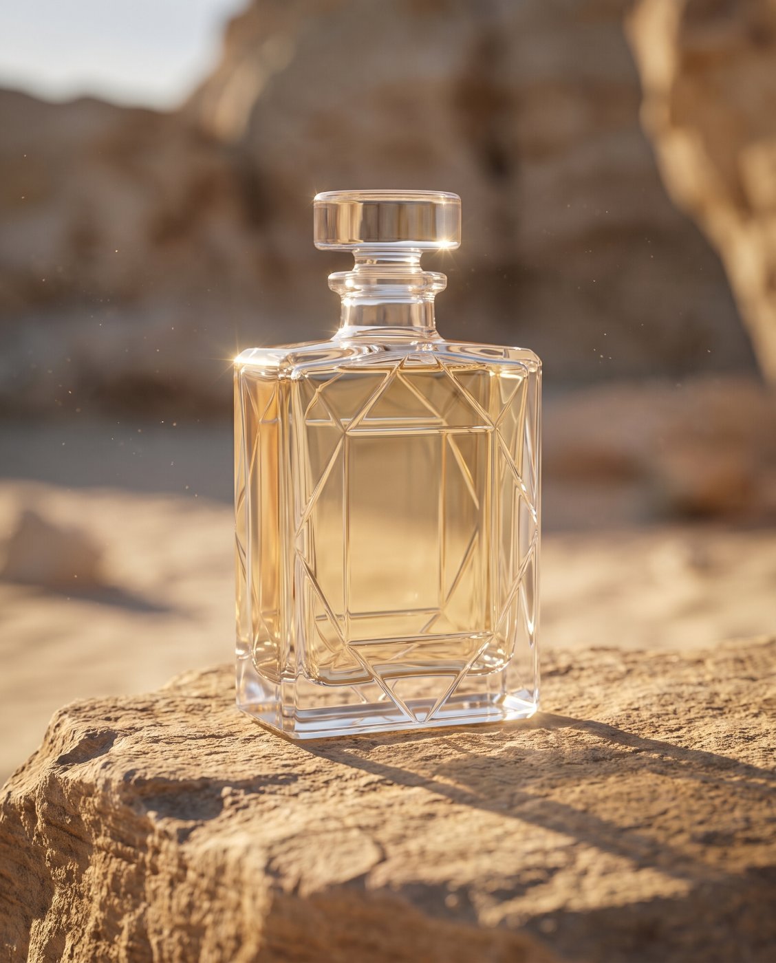 Bottle on stone in morning light